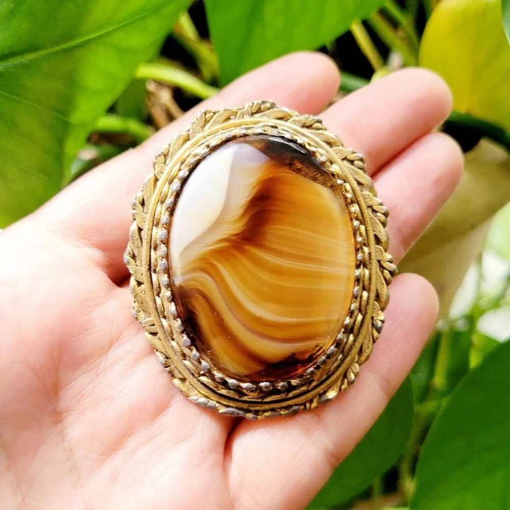 Vintage Agate Gemstone Lapel Brooch Pin - Picture 2 of 8